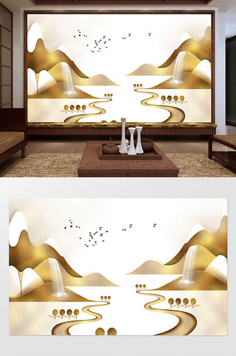 新中式金色山水瀑布鸟群金箔意境大气背景墙图片