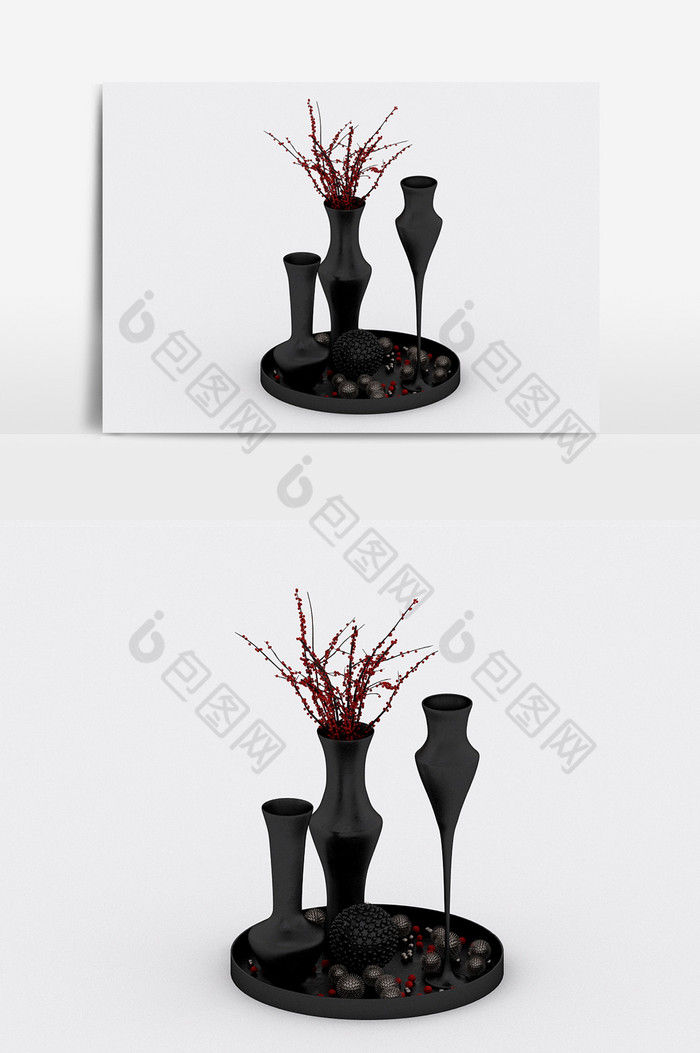 后现代简约风黑色花瓶陈设品组合3d模型图片图片