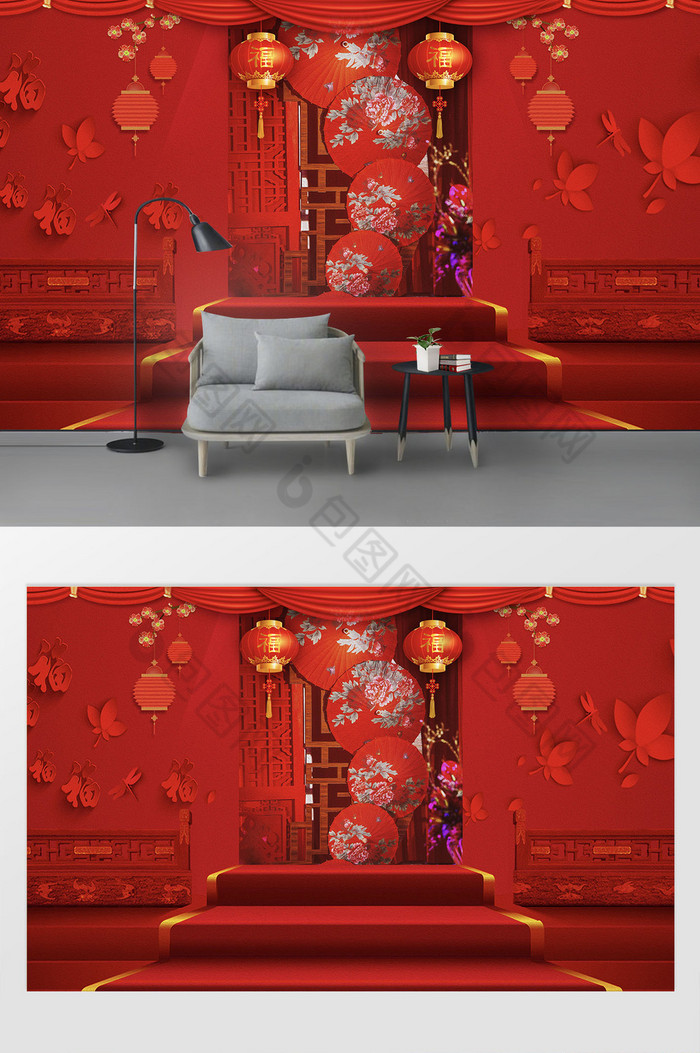 复古红色中式影楼婚纱写真摄影背景墙图片图片