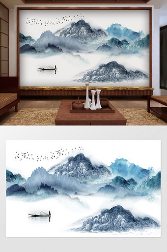 新中式抽象蓝色山水风景国画背景图片