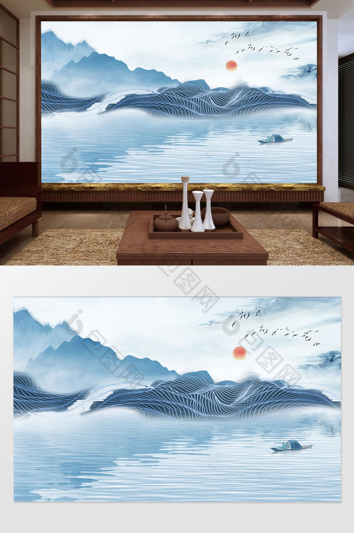 中式水墨山水飞鸟背景墙图片图片