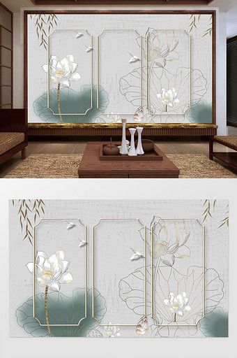 新中式小清新荷花绿色荷叶白鹭柳树叶背景墙图片