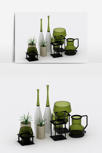 现代工业风橄榄绿玻璃工艺陈设组合3d模型图片
