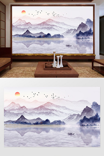 新中式唯美水墨意境山水风景国画背景墙图片