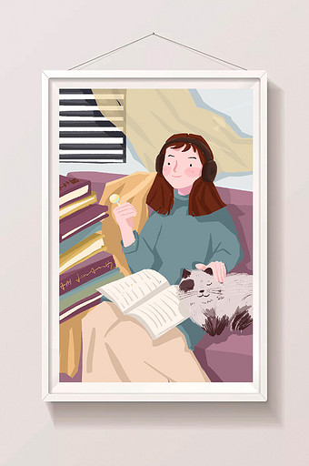 生活方式女孩与猫扁平风插画图片