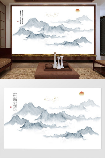 新中式抽象黑白意境禅意水墨山水电视背景墙图片