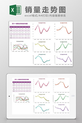 双十一销量走势渐变折线图Excel模板图片