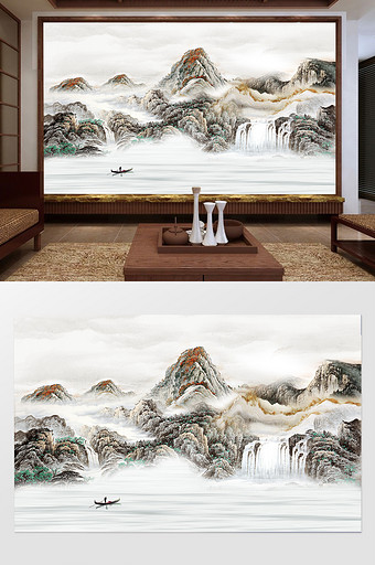 新中式山水瀑布电视背景墙高山流水图片