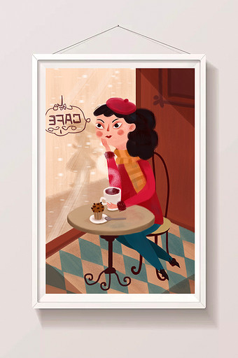 暖色调生活方式小资生活喝咖啡的女人插画图片