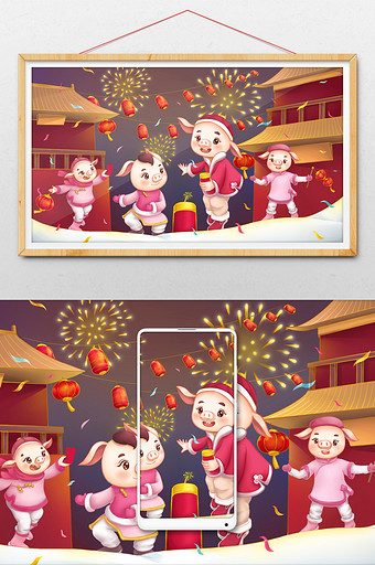 2019猪年可爱卡通小猪春节放烟花漫画图片