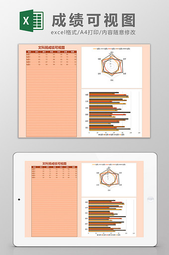 文科成绩雷达图彩色线条图表Excel模板图片