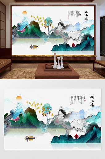 新中式山水情小溪油画背景装饰画图片