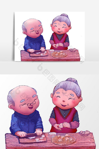 手绘卡通老人包饺子设计元素图片