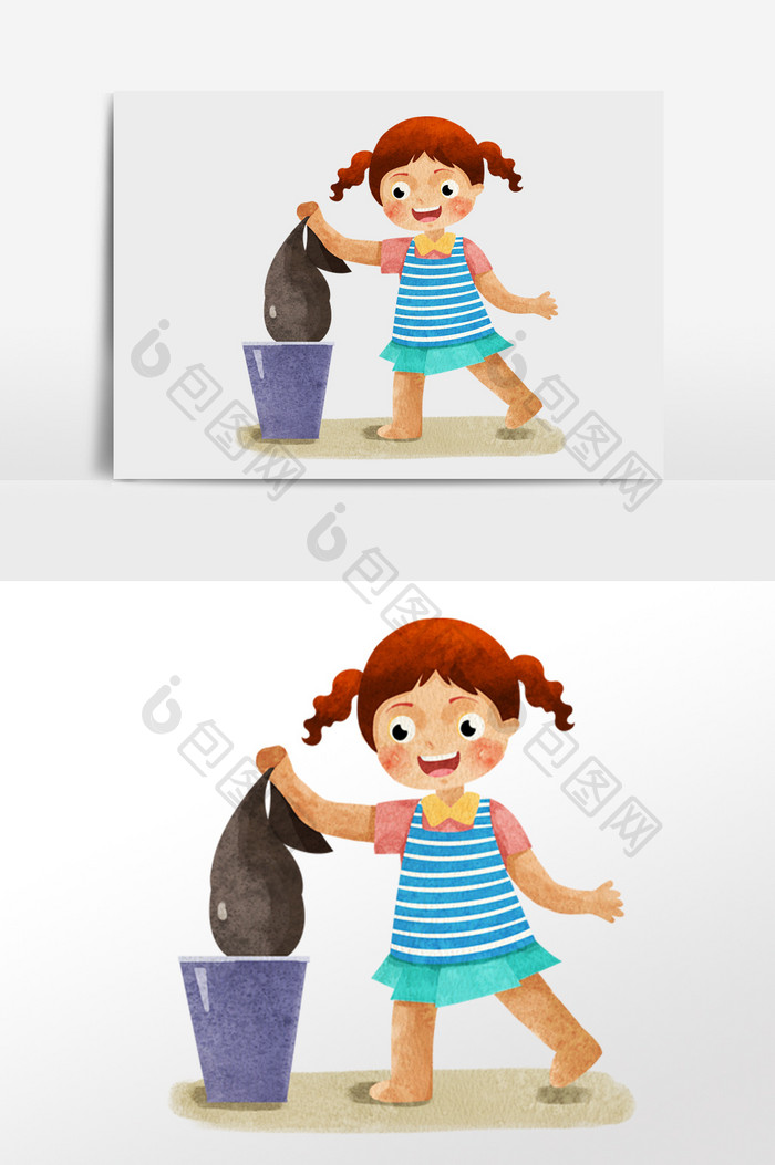 水彩手绘女孩扔垃圾搞卫生插画人物