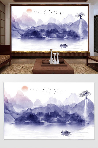 新中式唯美推晕太阳飞鸟抽象山水背景墙图片