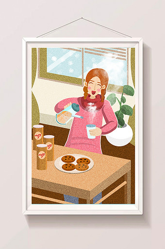 小清新生活方式女孩喝茶插画图片