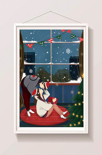 冬日雪景圣诞节情侣过圣诞插画图片
