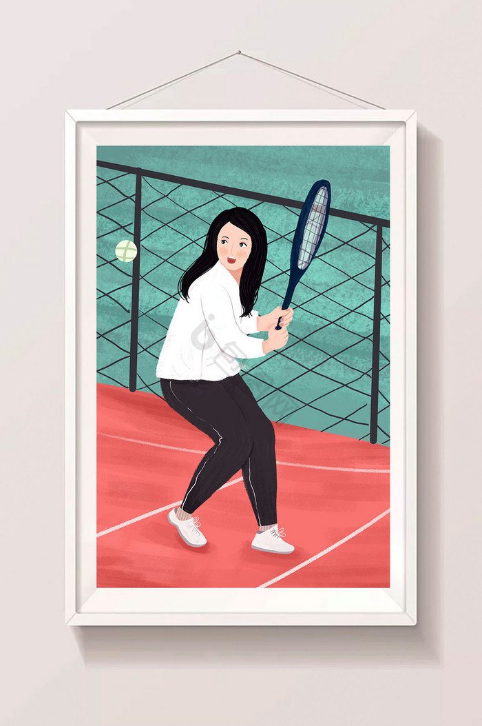 女孩操场打网球插画图片