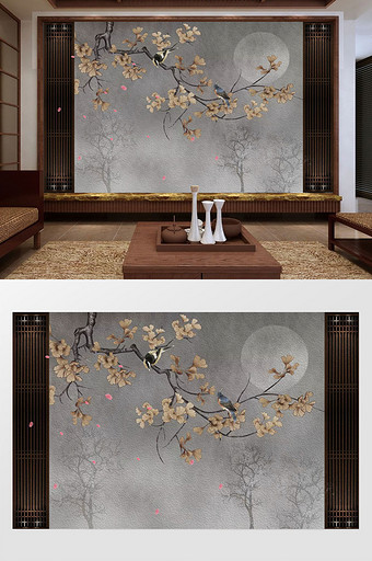 新中式意境银杏叶花枝木纹月亮树林鸟背景墙图片