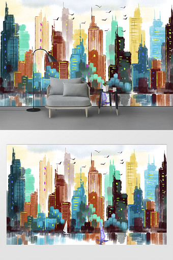 现代抽象城市油画客厅背景装饰画图片