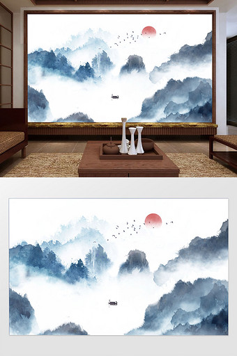 新中式意境水墨山水背景装饰定制图片