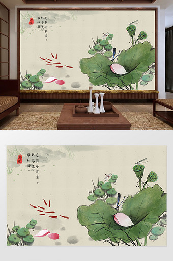 中国风工笔国画手绘水墨荷花鱼趣背景墙图片