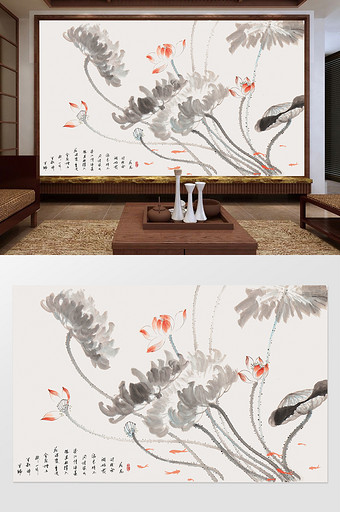 新中式手绘工笔花鸟荷花鱼趣电视背景墙图片