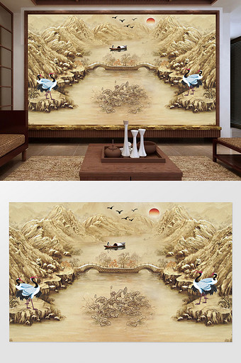 中式唯美浮雕荷花山水画白鹤电视背景墙图片