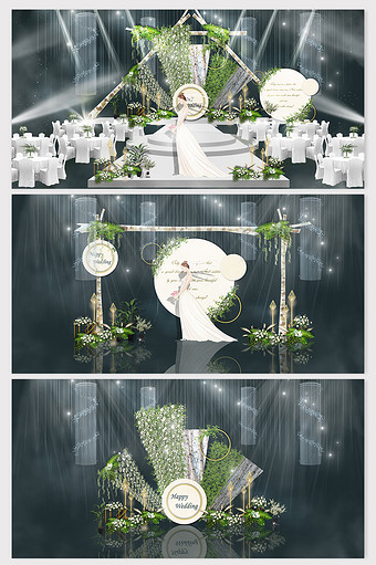 清新简约森系KT板白桦树素材婚礼效果图图片
