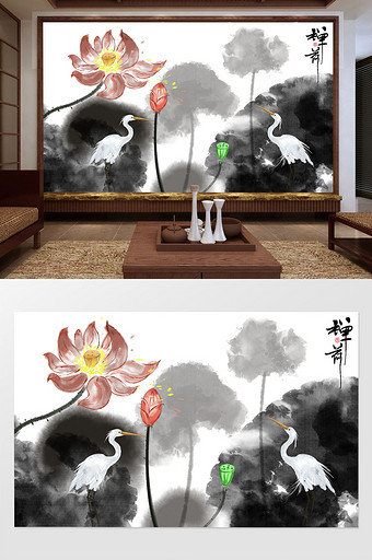 新中式手绘白鹭水墨荷花画背景墙图片
