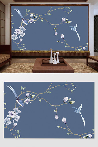 新中式手绘工笔木兰花花鸟背景墙图片