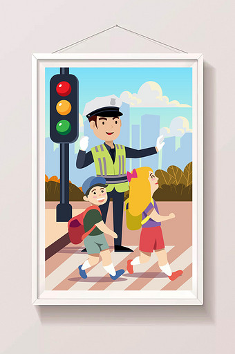 卡通交通安全学生放学过马路插画图片