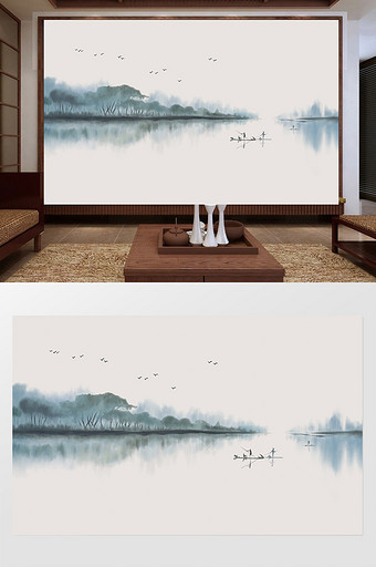 中式水墨山水画电视背景墙壁画图片