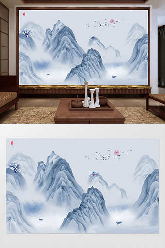 新中式抽象手绘水墨山水背景墙图片