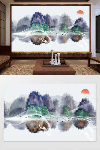 中式波纹彩色山峦烟雾定制电视背景墙图片