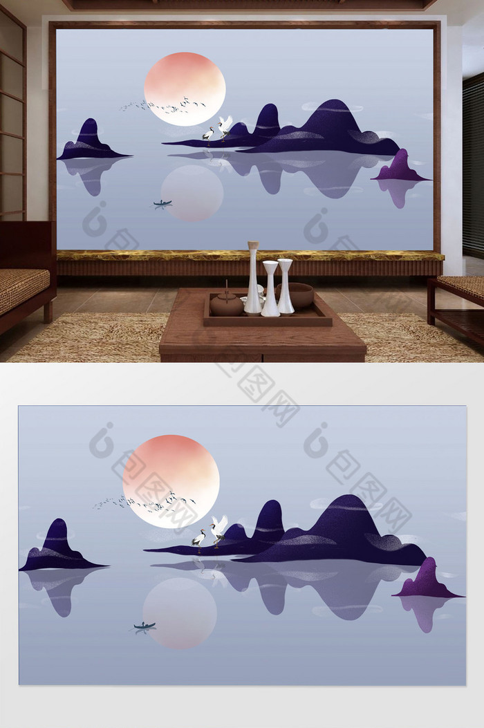 新中式创意唯美意境水墨山水仙鹤背景墙图片图片