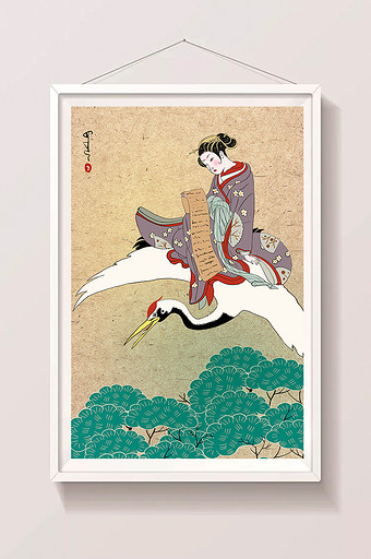 仙鹤图浮世绘中国青松画仙女图古典绘画图片