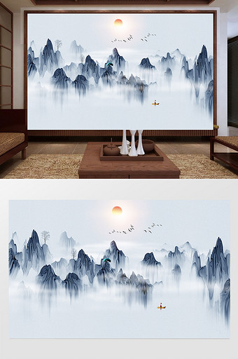 新中式意境水墨山水电视背景墙壁画图片
