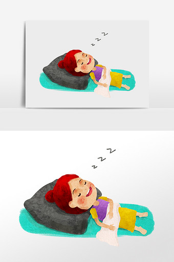 水彩手绘小孩躺地上睡觉休息插画人物图片