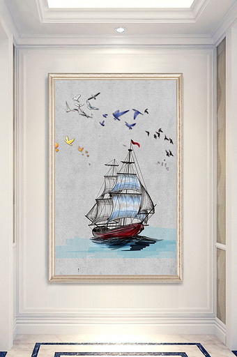 现代时尚大气金色帆船海浪鸟油画玄关背景图片