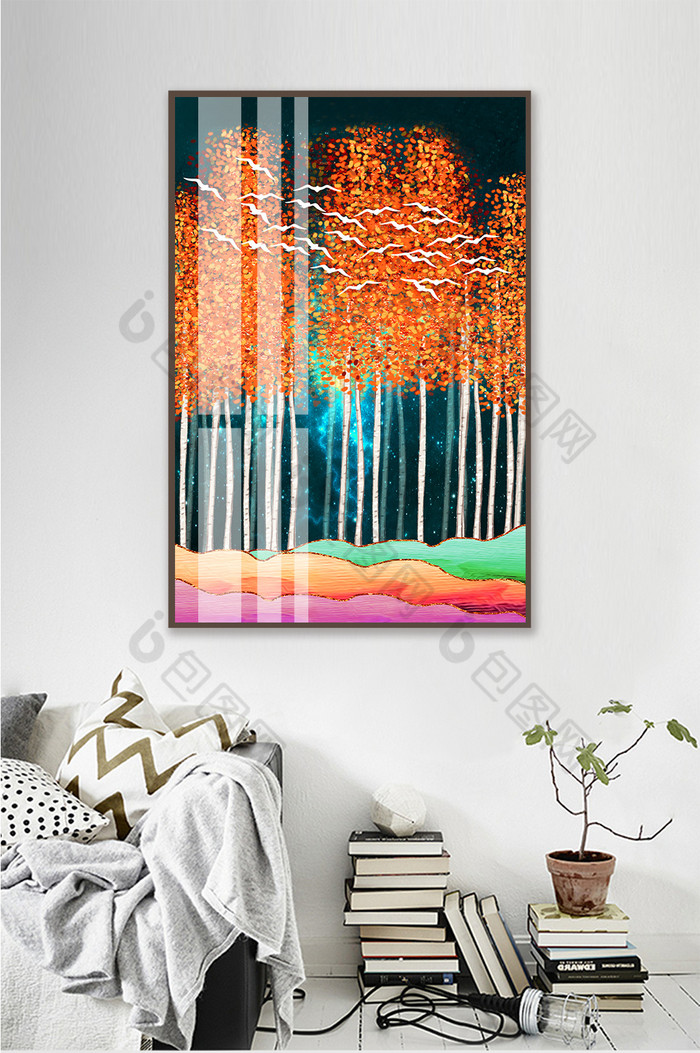北欧风抽象树林飞鸟风景晶瓷画客厅装饰画图片图片