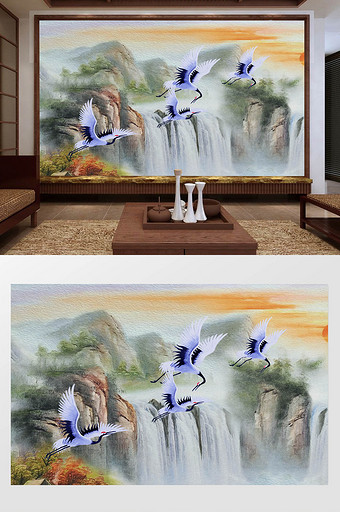 中式风景油画流水生财白鹤鲤鱼电视背景墙图片