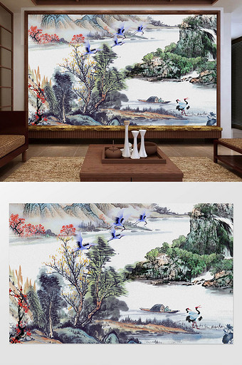 中式风景油画意境山水画白鹤电视背景墙图片