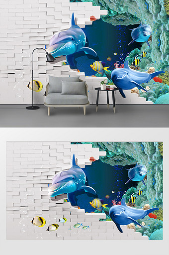 3D立体海洋动物客厅卧室背景墙图片