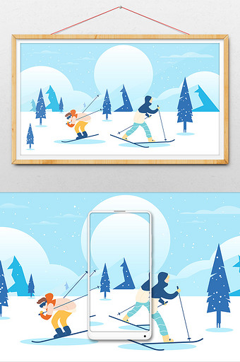 唯美冬季滑雪场景扁平插画图片