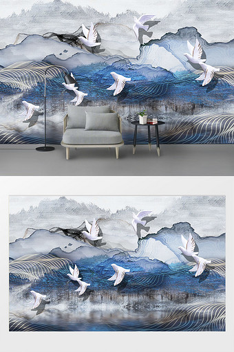 现代蓝色远山树林倒影飞鸟浮雕背景墙图片