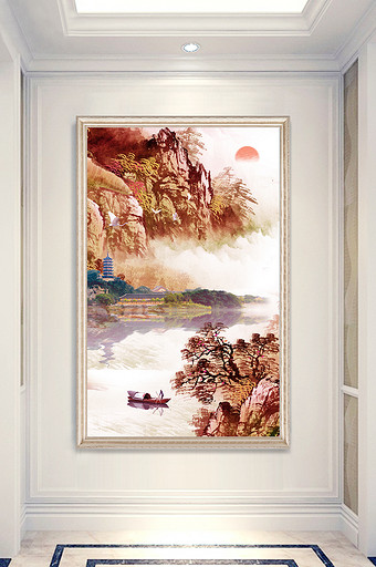 古塔山水小船玄关背景墙图片
