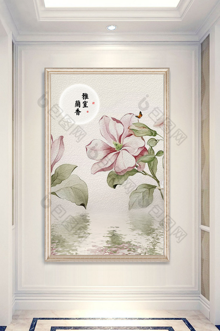 中式水彩画月亮书法倒影油画玄关背景图片图片