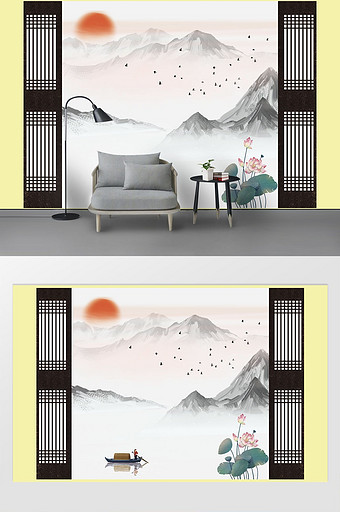 新中式抽象意境水墨山水画客厅壁画背景墙图片