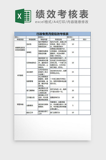 行政专员月度绩效考核表excel模板图片